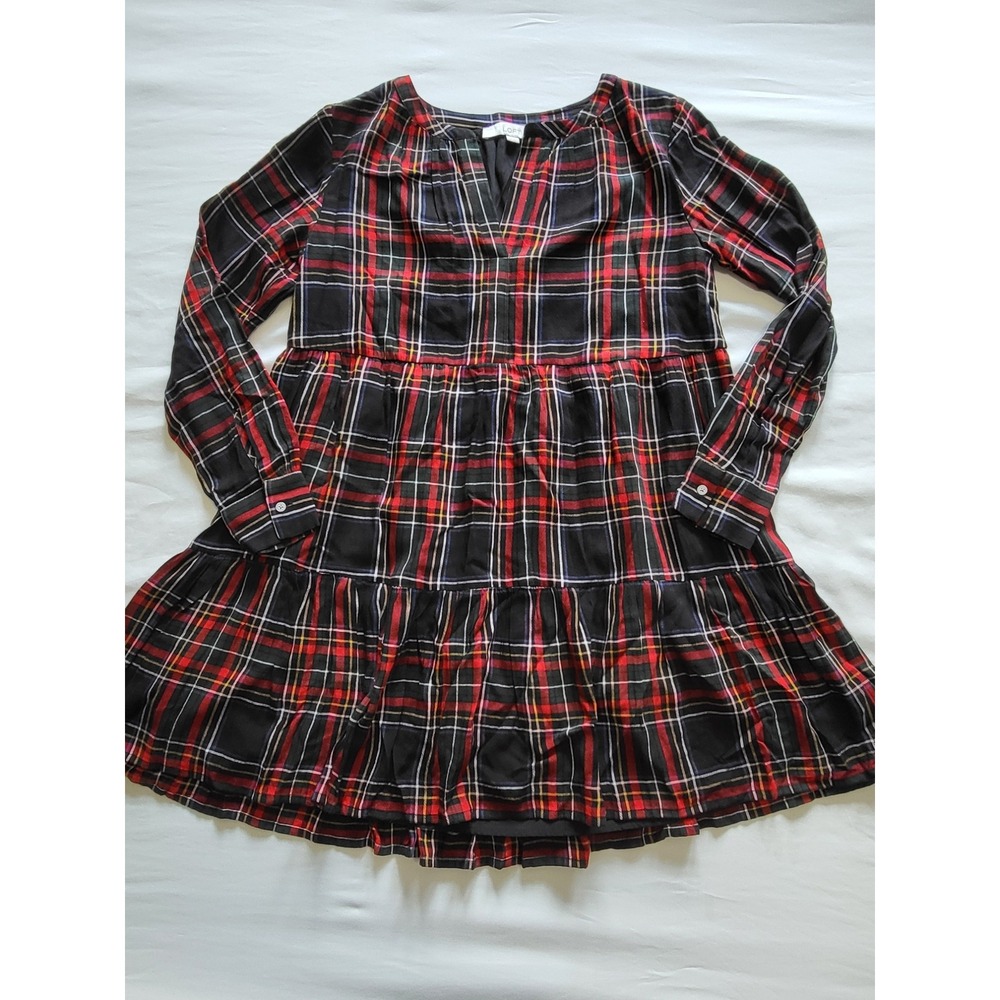 LOFT Women's Red Black Plaid Long Sleeve Babydoll Dress XS 522261